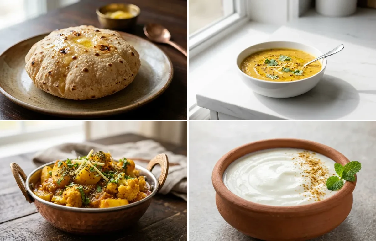 Phulka with Toor Dal with Aloo Gobi Sabzi with Dahi