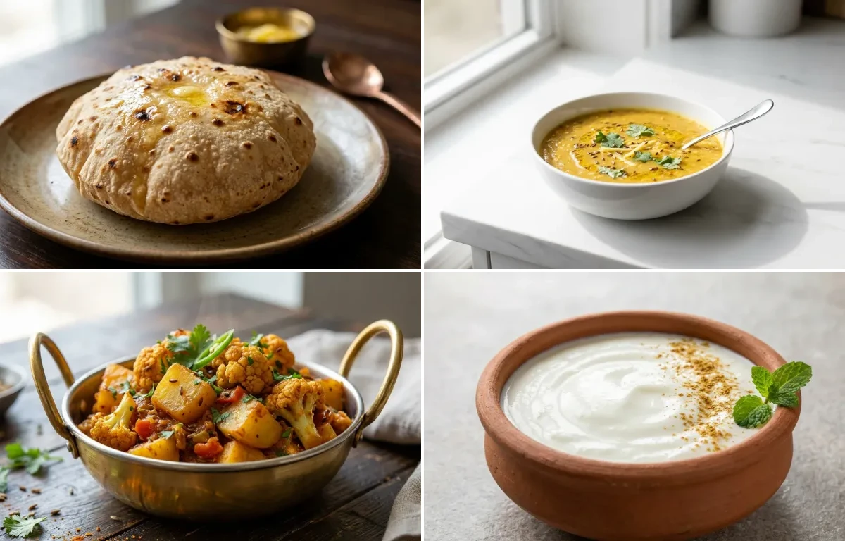 Phulka with Toor Dal with Aloo Gobi with Dahi