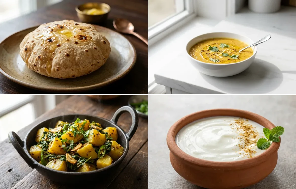 Phulka with Toor Dal with Aloo Methi Sabzi with Dahi