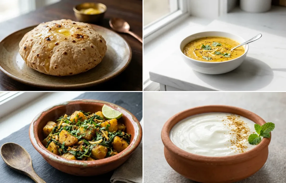 Phulka with Toor Dal with Aloo Methi with Dahi