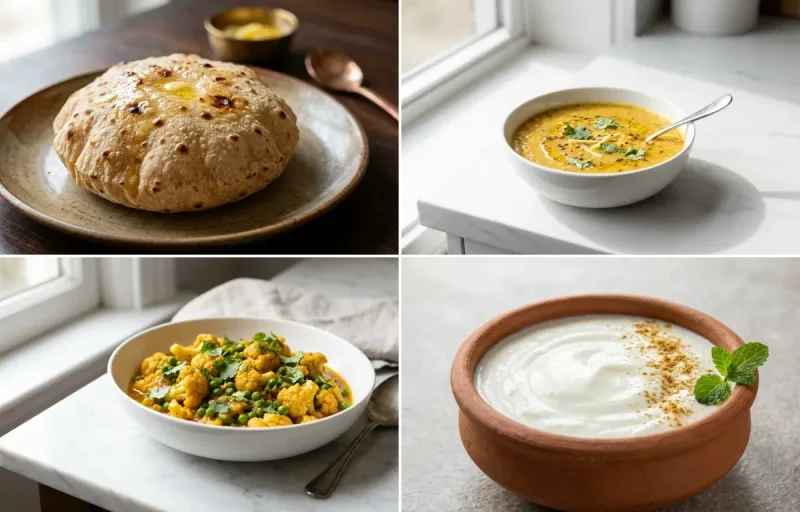 Phulka with Toor Dal with Gobi Matar Sabzi with Dahi