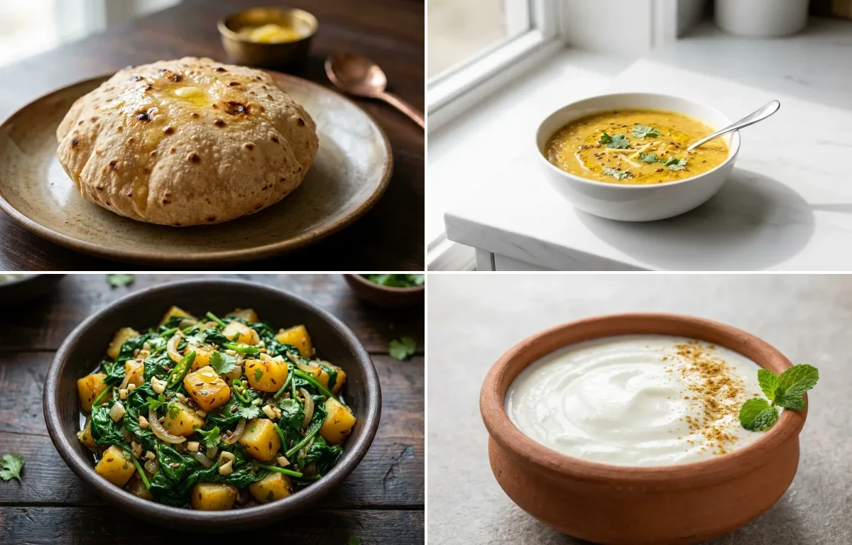 Phulka with Toor Dal with Paleng Xaak Bhaji with Dahi
