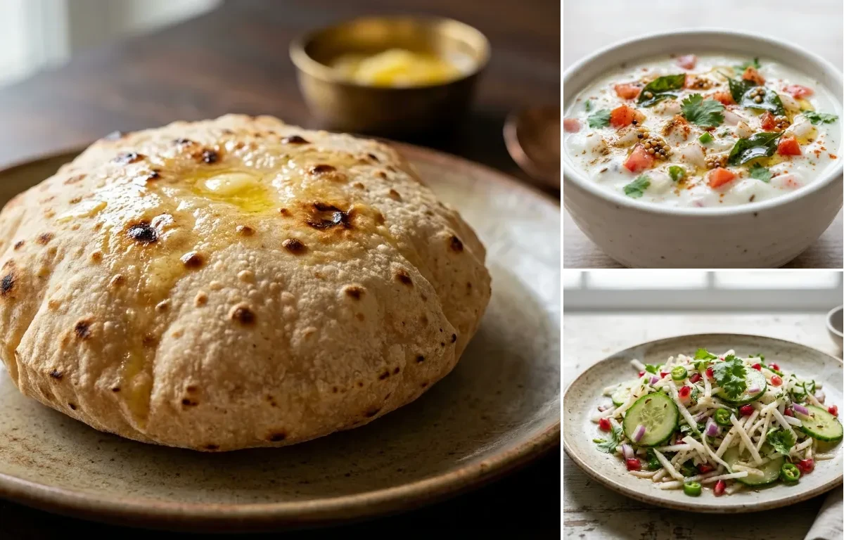 Phulka with Urad Dal, Egg Bhurji Main, Onion Tomato Raita and Mooli Cucumber Salad