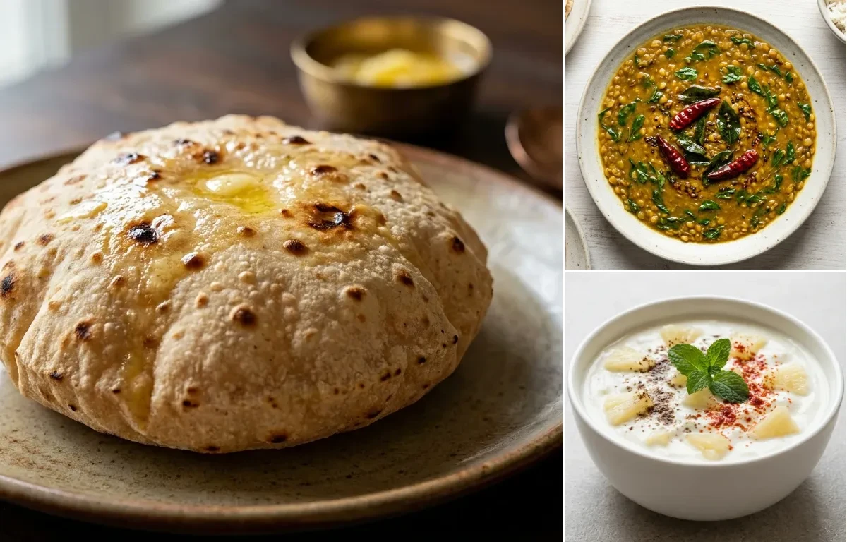 Phulka with Vegan Methi Dal, Egg Bhurji Main, Pineapple Raita and Carrot Cucumber Salad