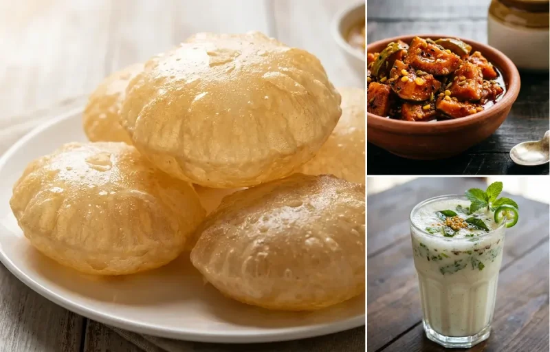 Phulko Luchi with Mango Pickle and Masala Chaas