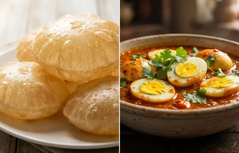 Phulko Luchi with Tomato Egg Curry