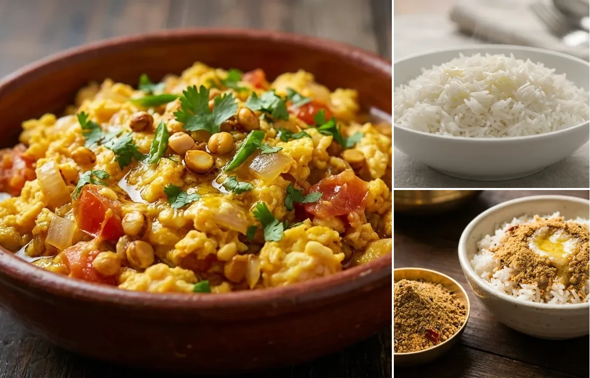 Phutanyacha Anda with Steamed Basmati Rice and Metkut