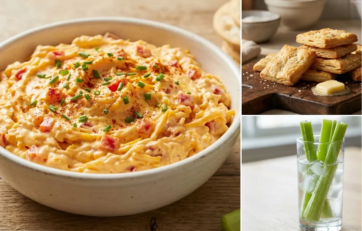 Pimento Cheese with Buttery Crackers and Celery Sticks