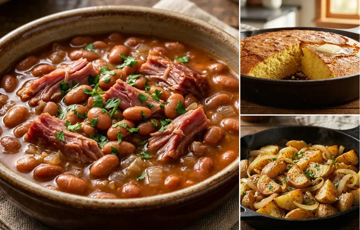 Pinto Beans and Ham with Cornbread and Pan-Fried Potatoes and Onions