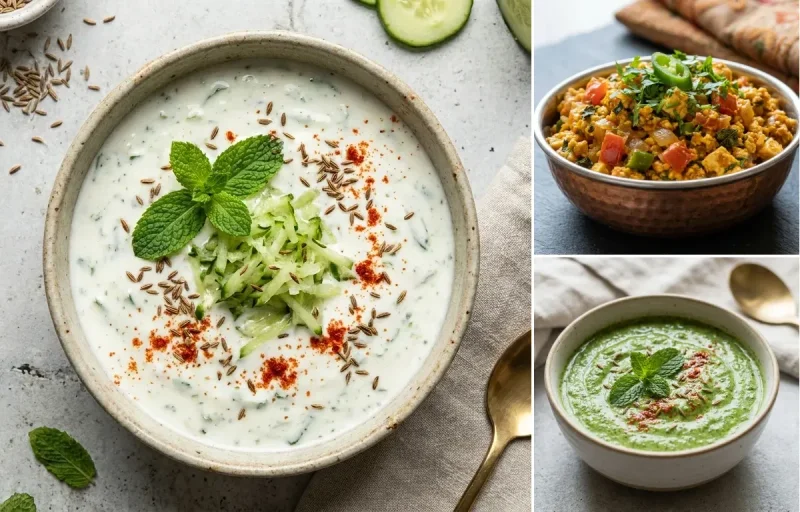 Plain Paratha with Cucumber Mint Raita, Paneer Bhurji, Cucumber Chaat and Mint Yogurt Chutney
