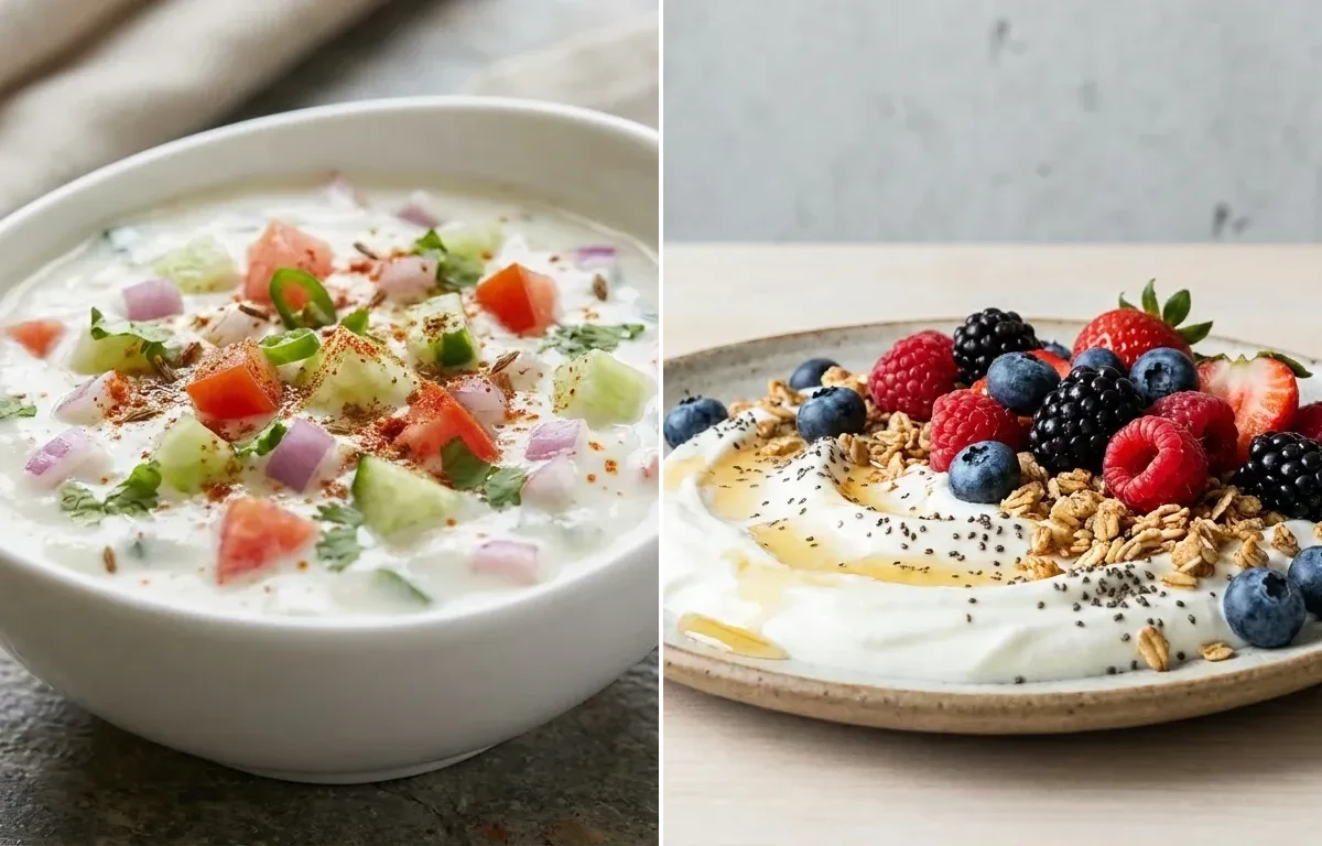 Plain Paratha with Kachumber Raita and Yogurt Berry Bowl