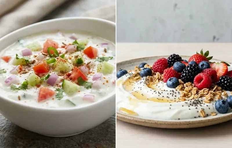 Plain Paratha with Kachumber Raita and Yogurt Berry Bowl