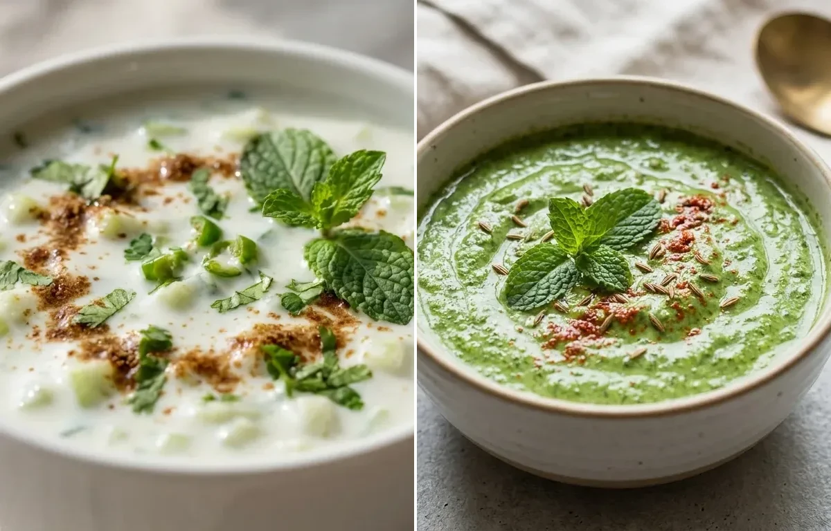 Plain Paratha with Paneer Stuffed Moong Dal Chilla, Cucumber Raita and Mint Yogurt Chutney