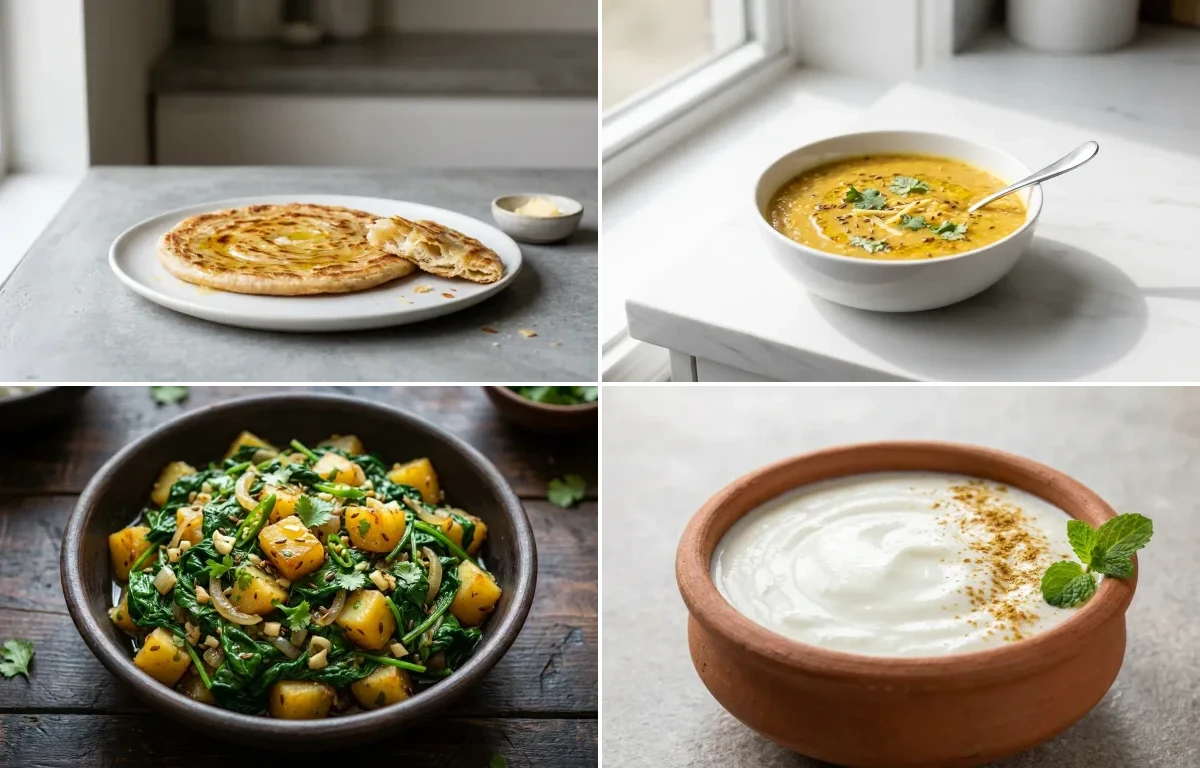 Plain Paratha with Toor Dal with Paleng Xaak Bhaji with Dahi