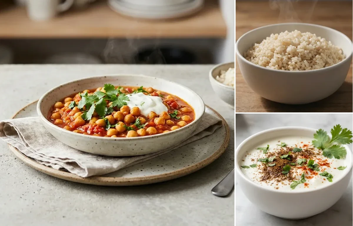 Plain Raita with Chana Masala with Steamed White Rice Vegetarian