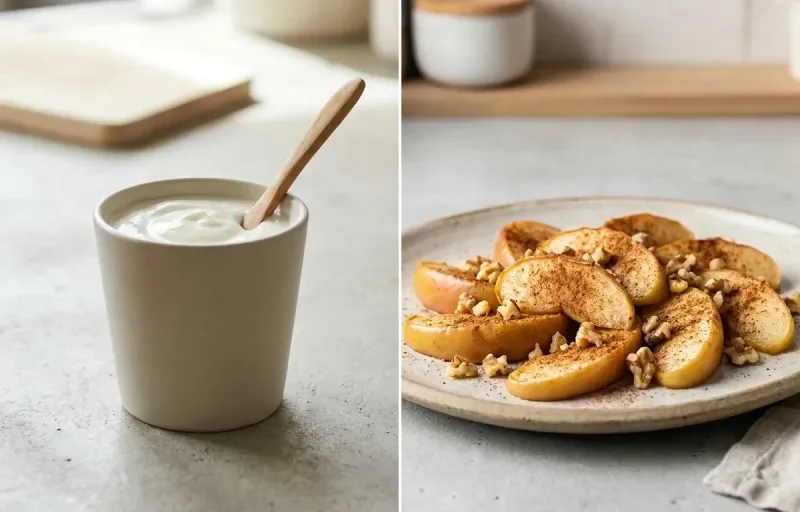 Plain Yogurt Cup with Cooked Quinoa Half Cup and Apple With Cinnamon