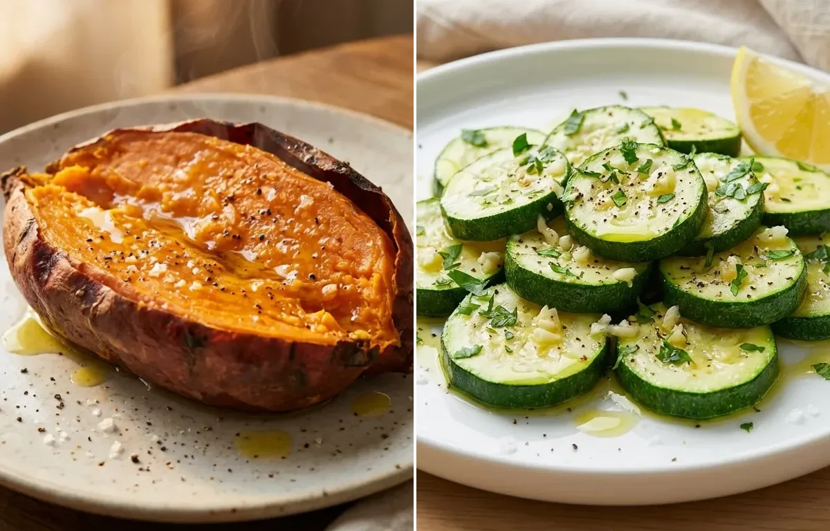 Lentil Vegetable Soup with Baked Sweet Potato and Steamed Zucchini