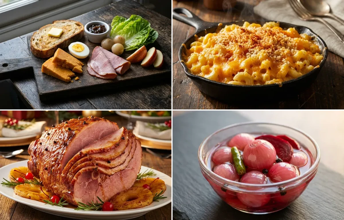 Ploughman's Lunch with Mac and Cheese, Baked Ham, Sirke Wale Pyaz and Irish American Soda Bread
