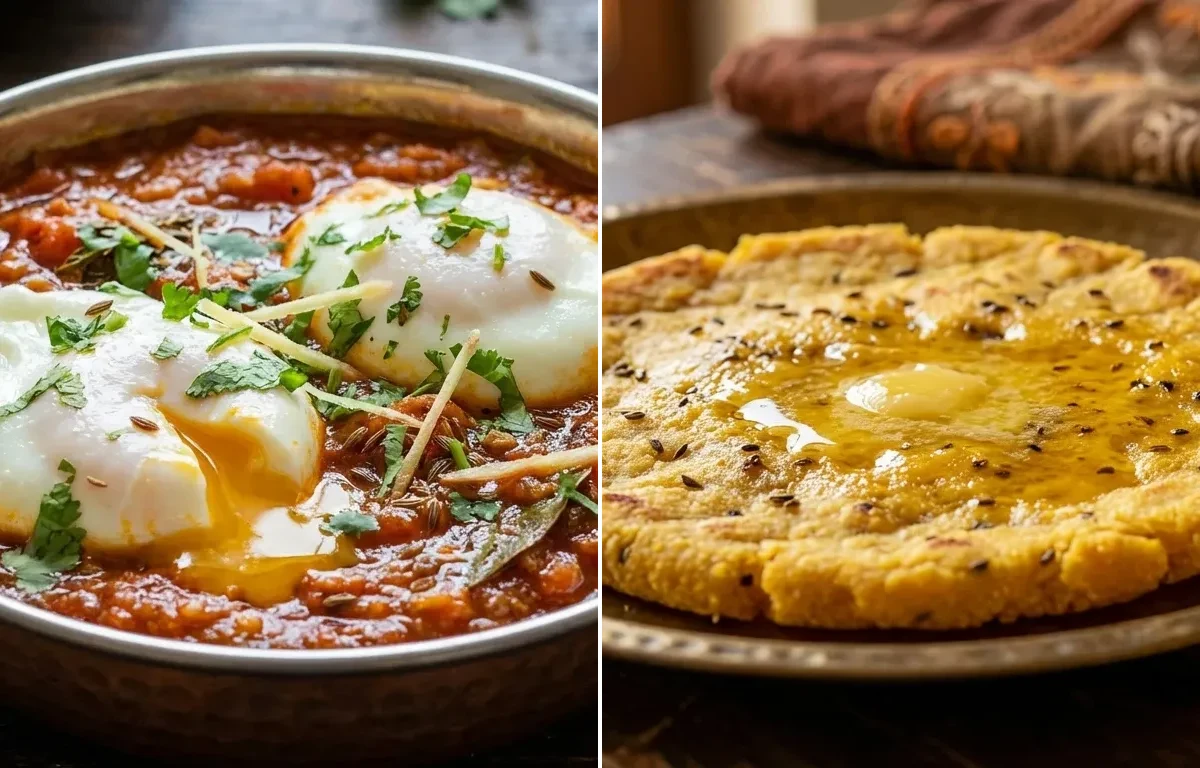 Poached Eggs in Tomato Gravy with Makki ki Roti