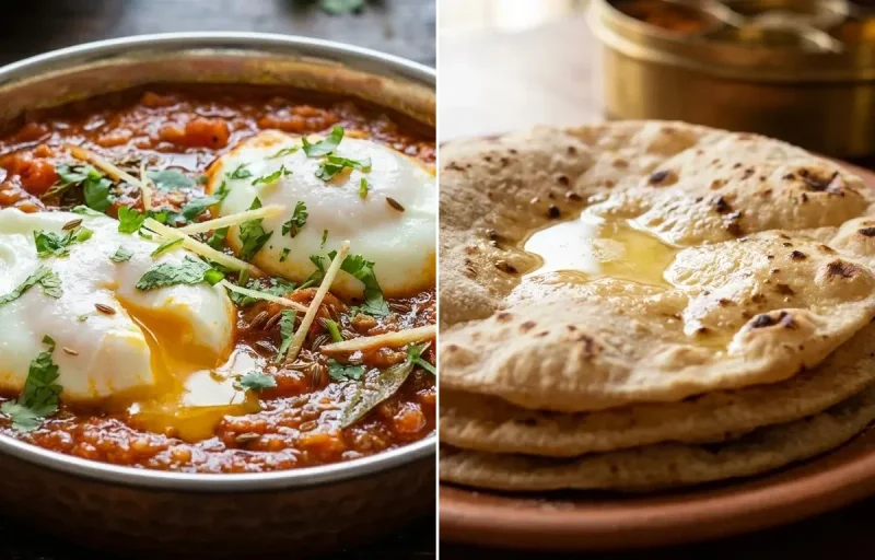 Poached Eggs in Tomato Gravy with Roti