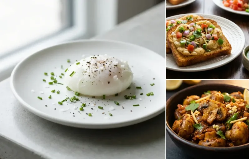 Poached Eggs with Suji Toast and Sauteed Mushrooms