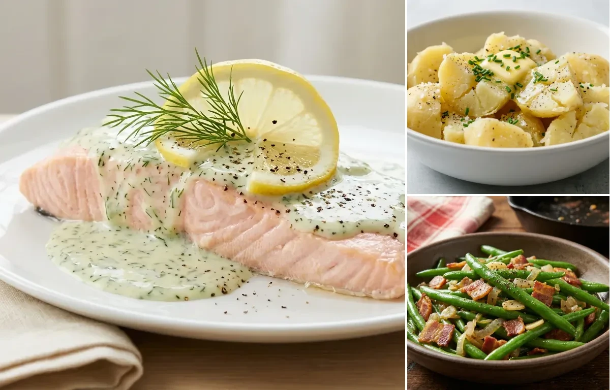 Poached Salmon with Dill Sauce with Boiled Potatoes and Sauteed Green Beans with Bacon