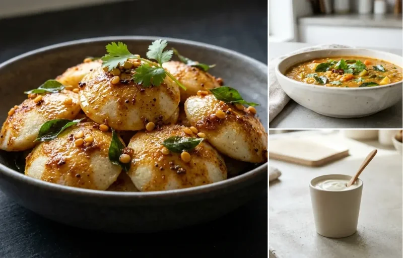 Podi Idli with Drumstick Sambar, Cilantro Coconut Chutney and Plain Yogurt Cup