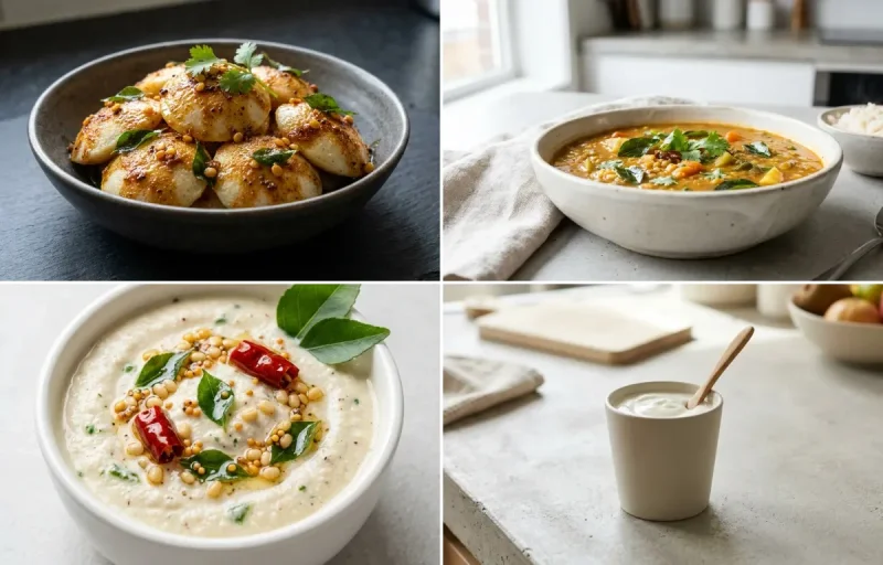 Podi Idli with Drumstick Sambar, Coconut Chutney, Two Boiled Eggs and Plain Yogurt Cup
