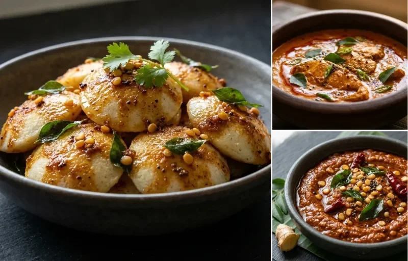 Podi Idli with Fish Curry and Ginger Chutney