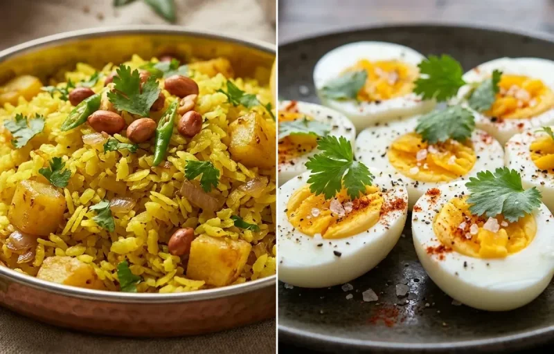Poha with Boiled Egg with Banana with Milk