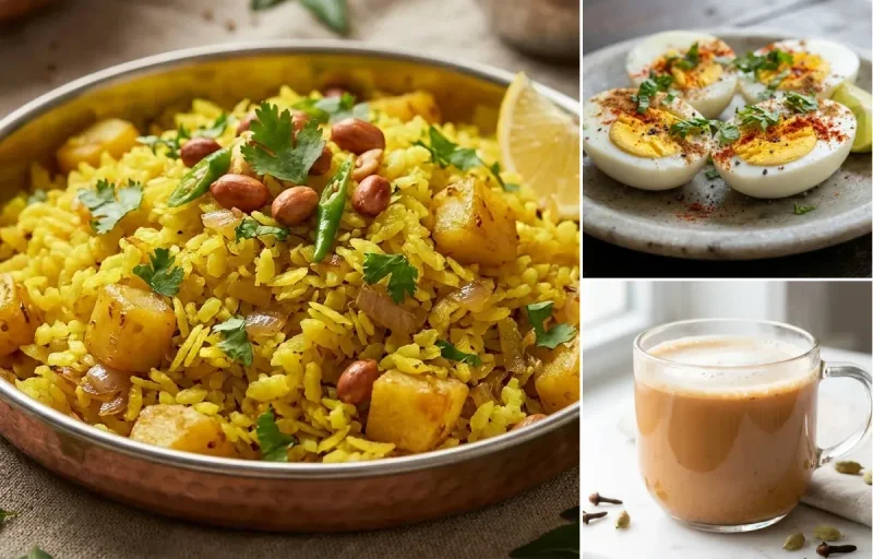 Poha with Boiled Eggs with Masala Chai with Banana