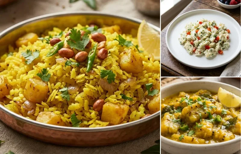 Poha with Scrambled Egg Whites with Kela nu Shaak