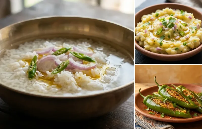 Poita Bhaat with Aloo Pitika and Besan Stuffed Green Chilli Fry