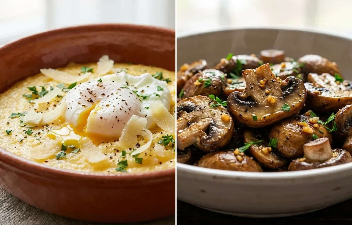 Polenta with Poached Egg and Parmesan with Sauteed Mushrooms with Garlic and Herbs