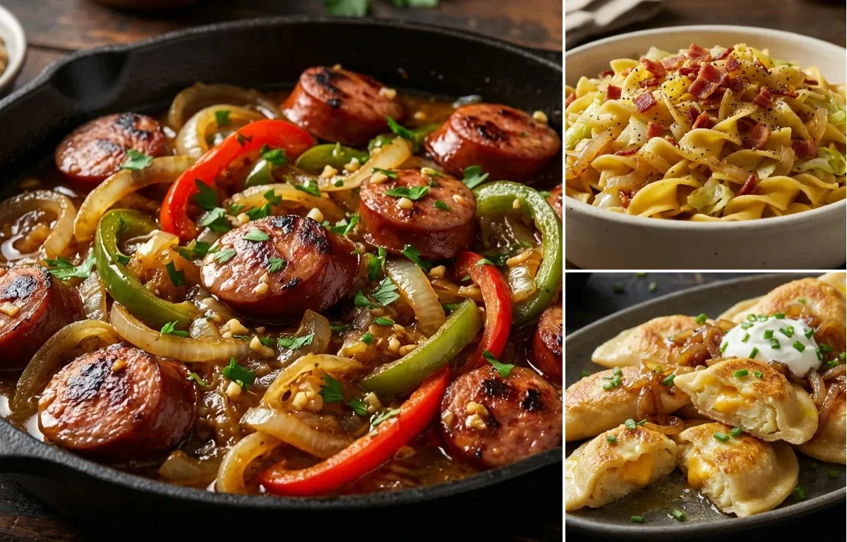 Polish Sausage and Onions with Haluski and Potato and Cheese Pierogies