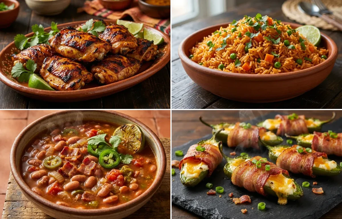 Pollo Asado with Mexican Rice, Charro Beans and Bacon Wrapped Jalapeño Poppers