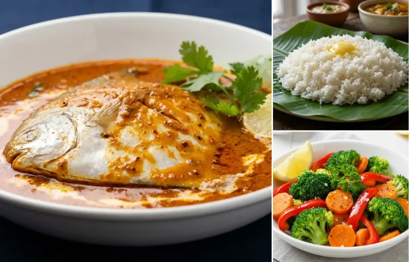 Pomfret Curry with Steamed White Rice with Steamed Vegetables