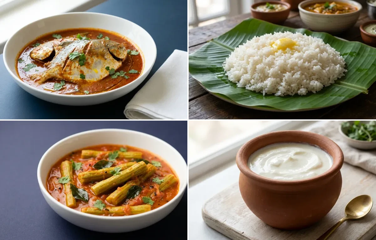 Pomfret Fish Curry with Soft Steamed White Rice with Soft Drumstick Sabzi with Curd
