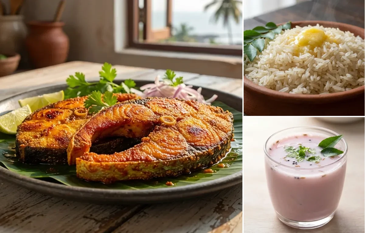Pomfret Tawa Fry with Ukda Tandul and Kokum Kadi