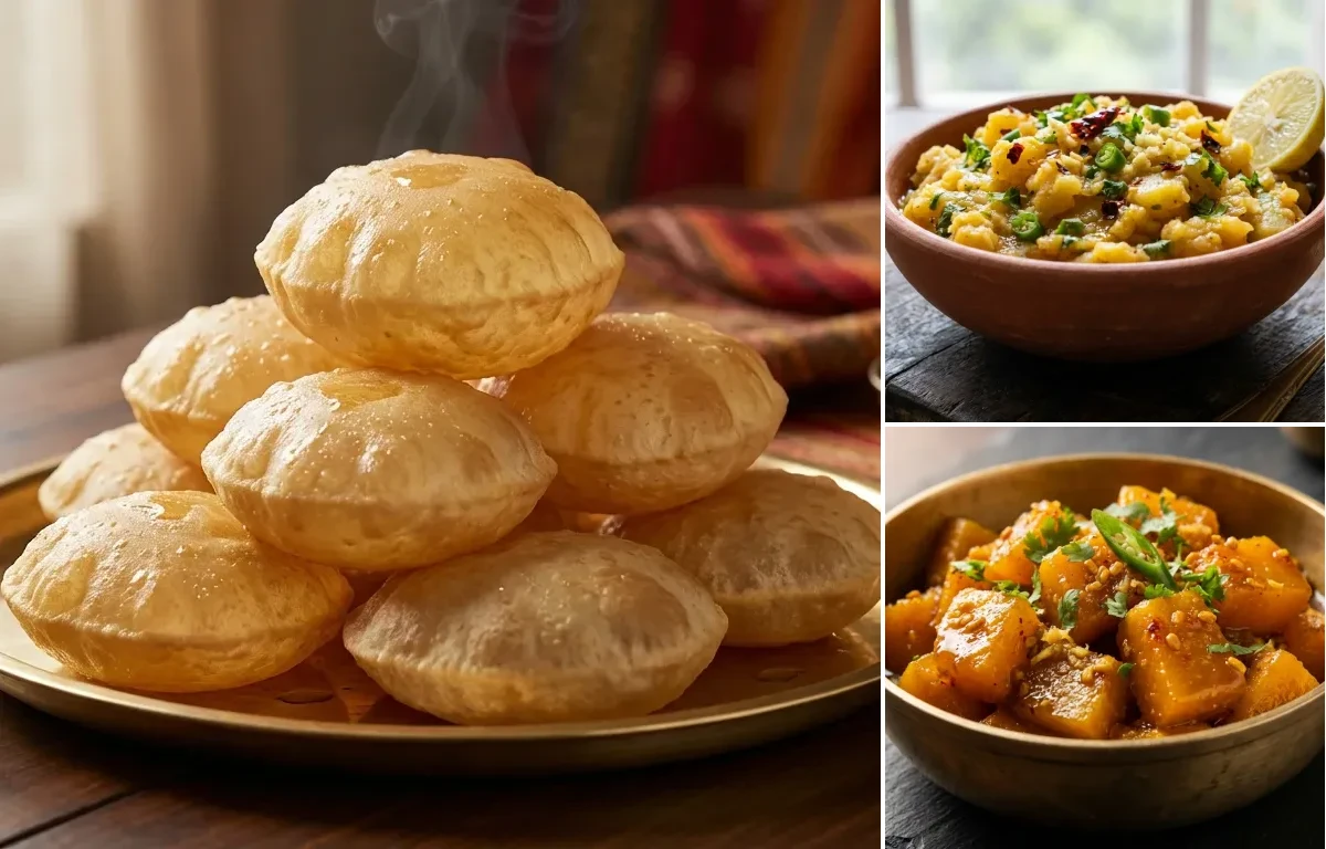 Poori with Aloo Chokha and Khatta Meetha Kaddu