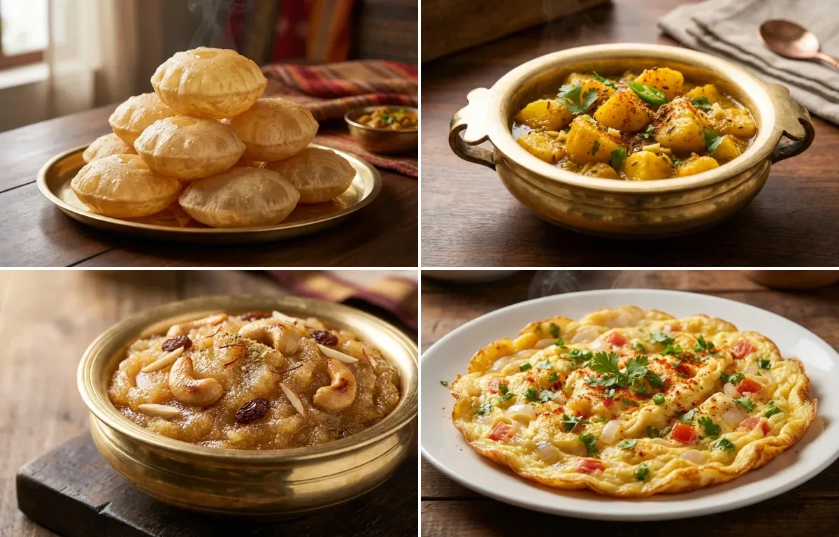 Poori with Aloo Sabzi, Sooji Halwa and Masala Omelette