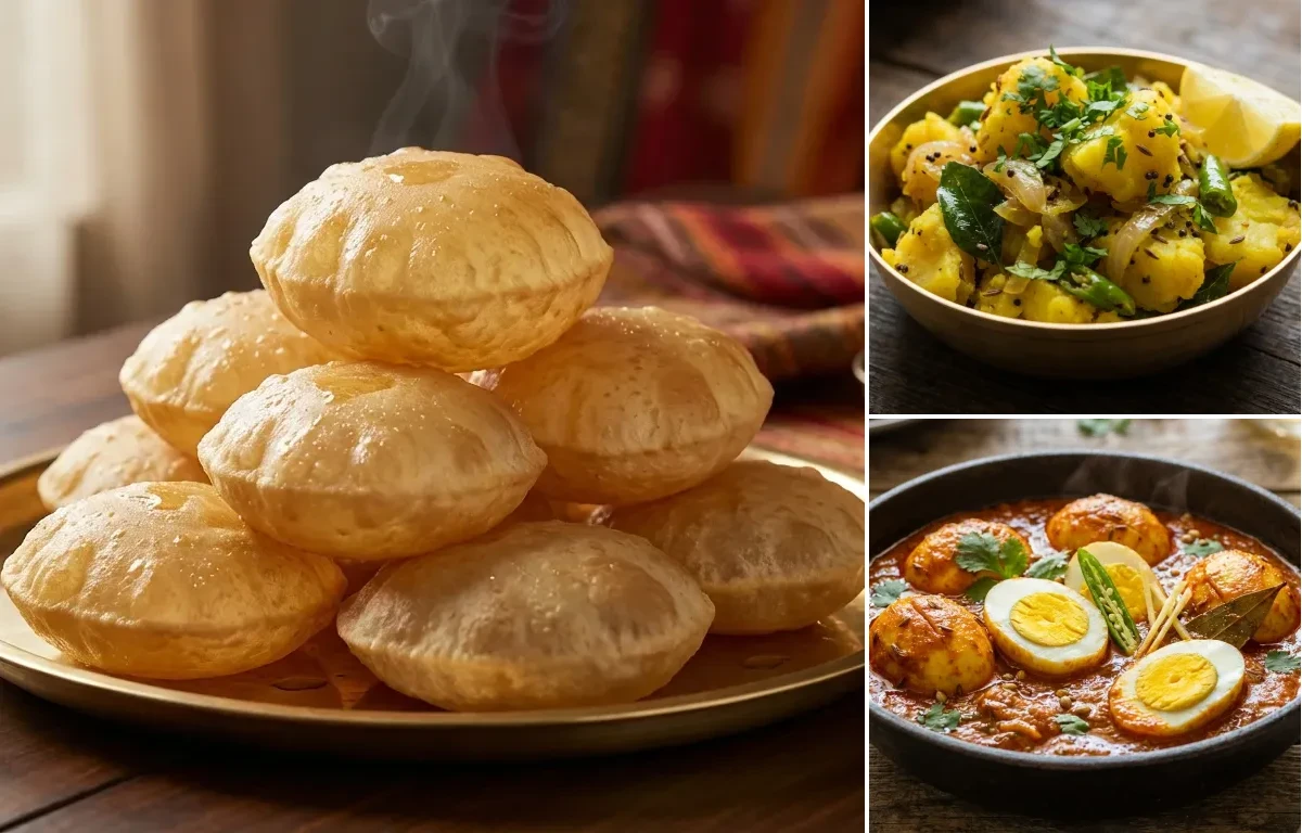 Poori with Batata Bhaji and Egg Masala Curry