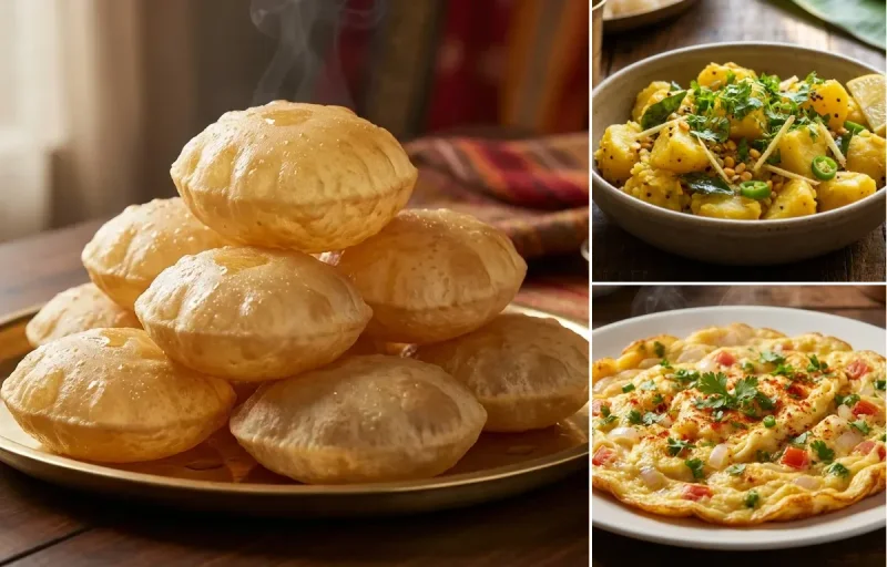 Poori with Potato Sagu and Masala Omelette
