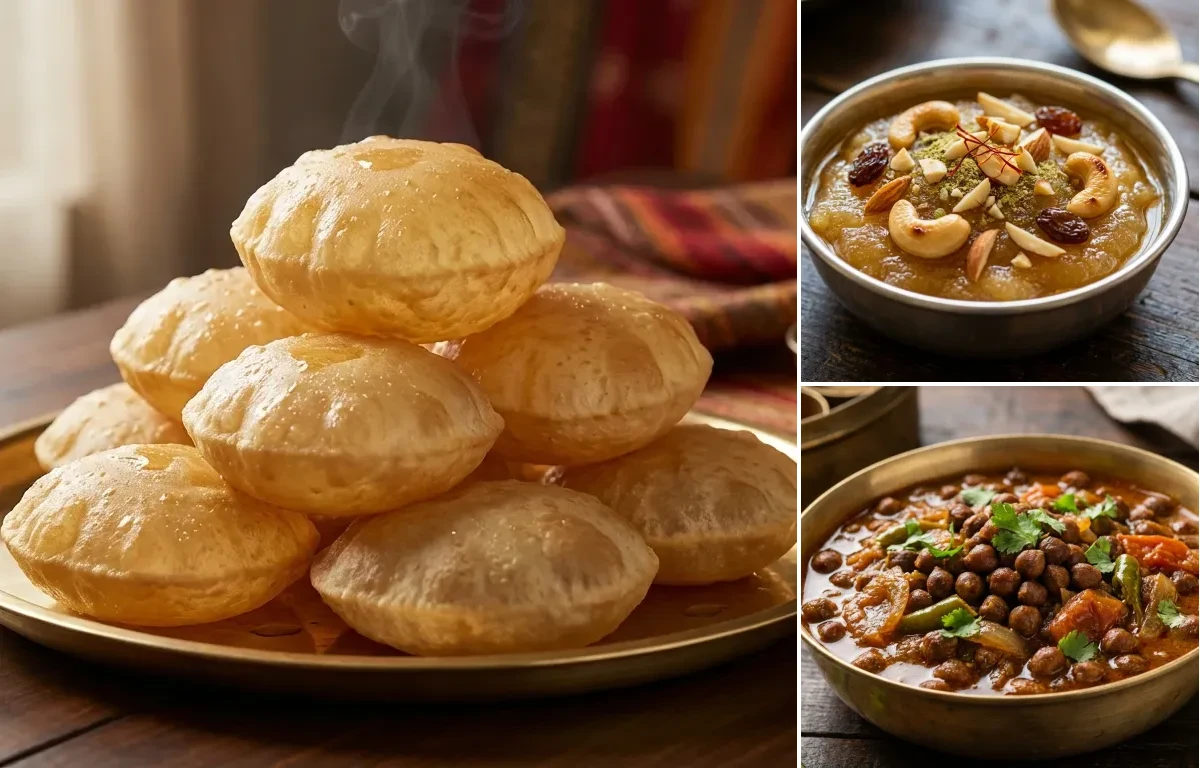 Poori with Suji Halwa and Kala Chana Curry