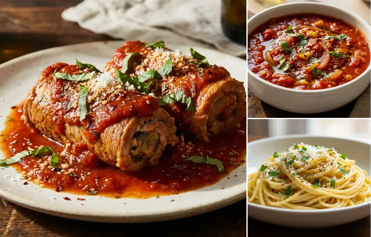 Pork Braciole with Marinara Sauce and Buttered Pasta
