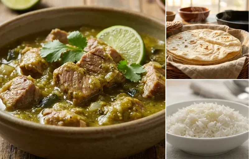 Pork Chile Verde with Flour Tortillas and Steamed Basmati Rice