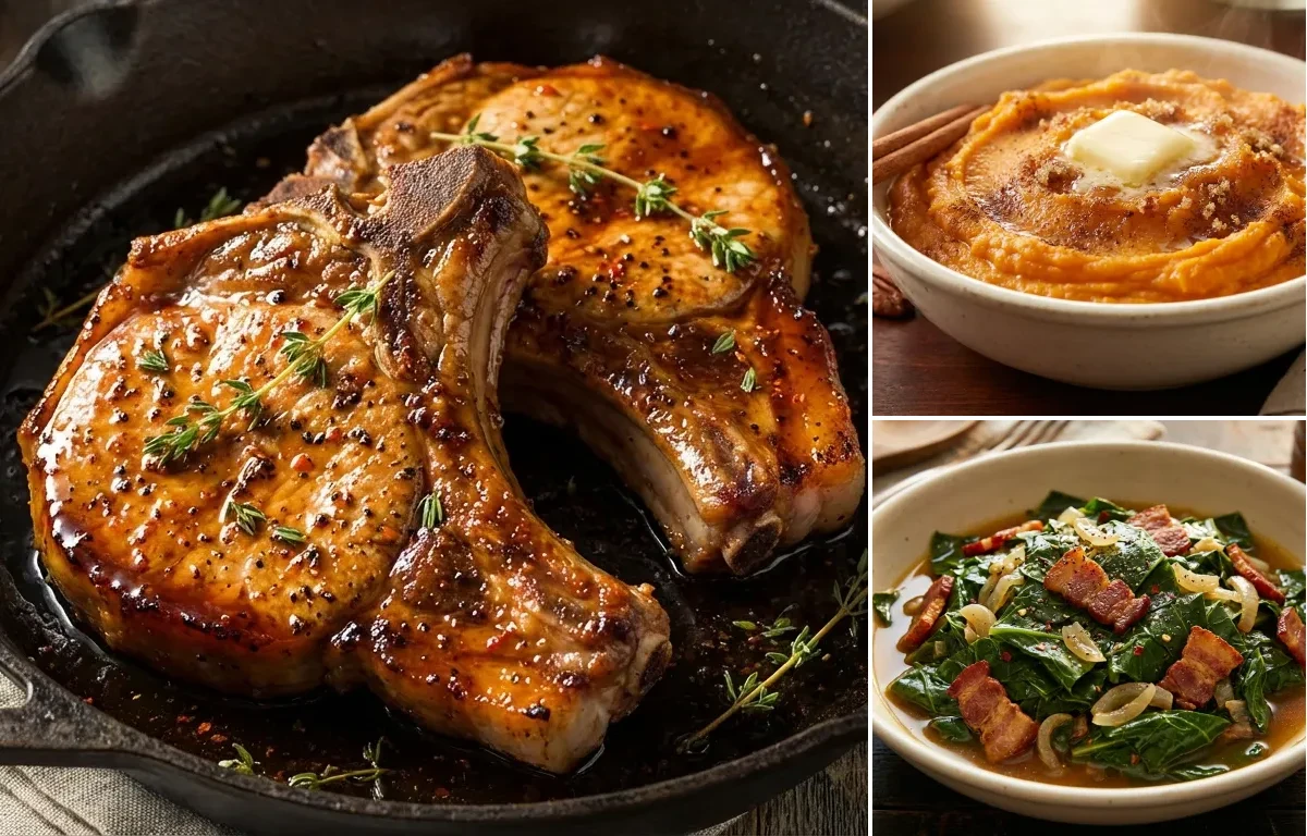 Pork Chops with Cane Syrup Glaze with Sweet Potato Mash and Collard Greens