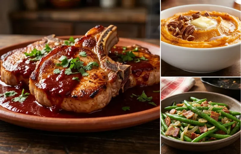 Pork Chops with Red Chile Sauce with Mashed Sweet Potatoes and Sauteed Green Beans with Bacon