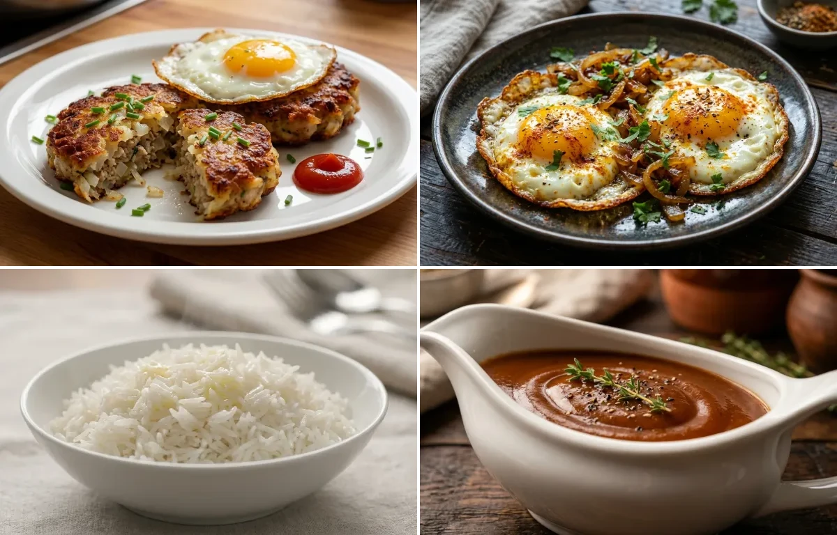 Pork Hash Patties with Indian Fried Eggs, Steamed Basmati Rice and Brown Gravy