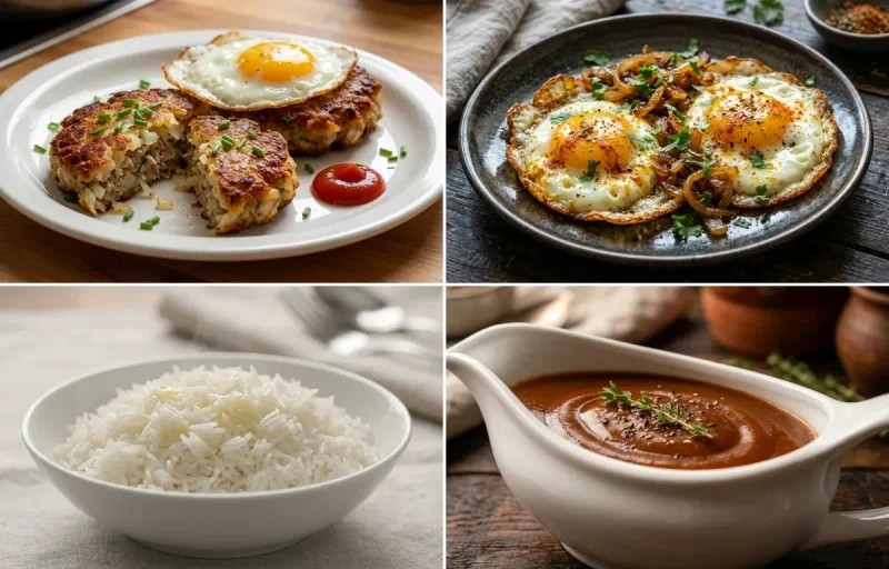 Pork Hash Patties with Indian Fried Eggs, Steamed Basmati Rice and Brown Gravy